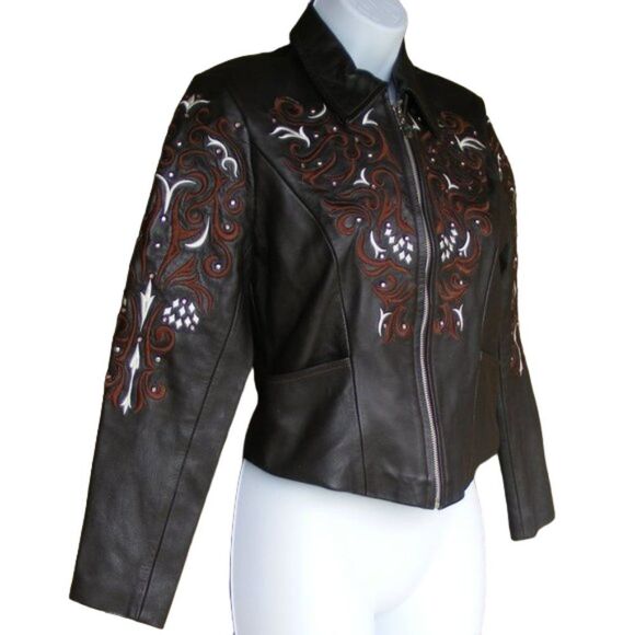 ORIGINALES D'ROAN Leather Jacket, S, Embroidered, Brown, Zipper, Pockets - Picture 2 of 9
